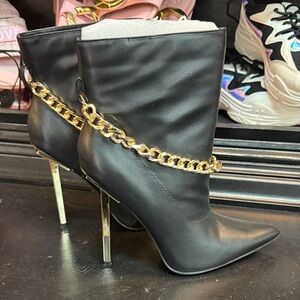Black Stiletto Ankle Boots with Gold Chain